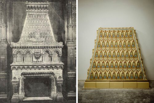 A belső tér legmeghatározóbb eleme, a több mint 2,5 méter széles és 4,5 méter magas Zsolnay kandalló - Bal oldali kép: FSZEK Budapest Gyűjtemény